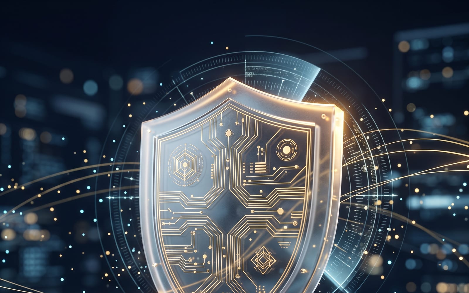 A digital shield on a navy background representing an AI cybersecurity system