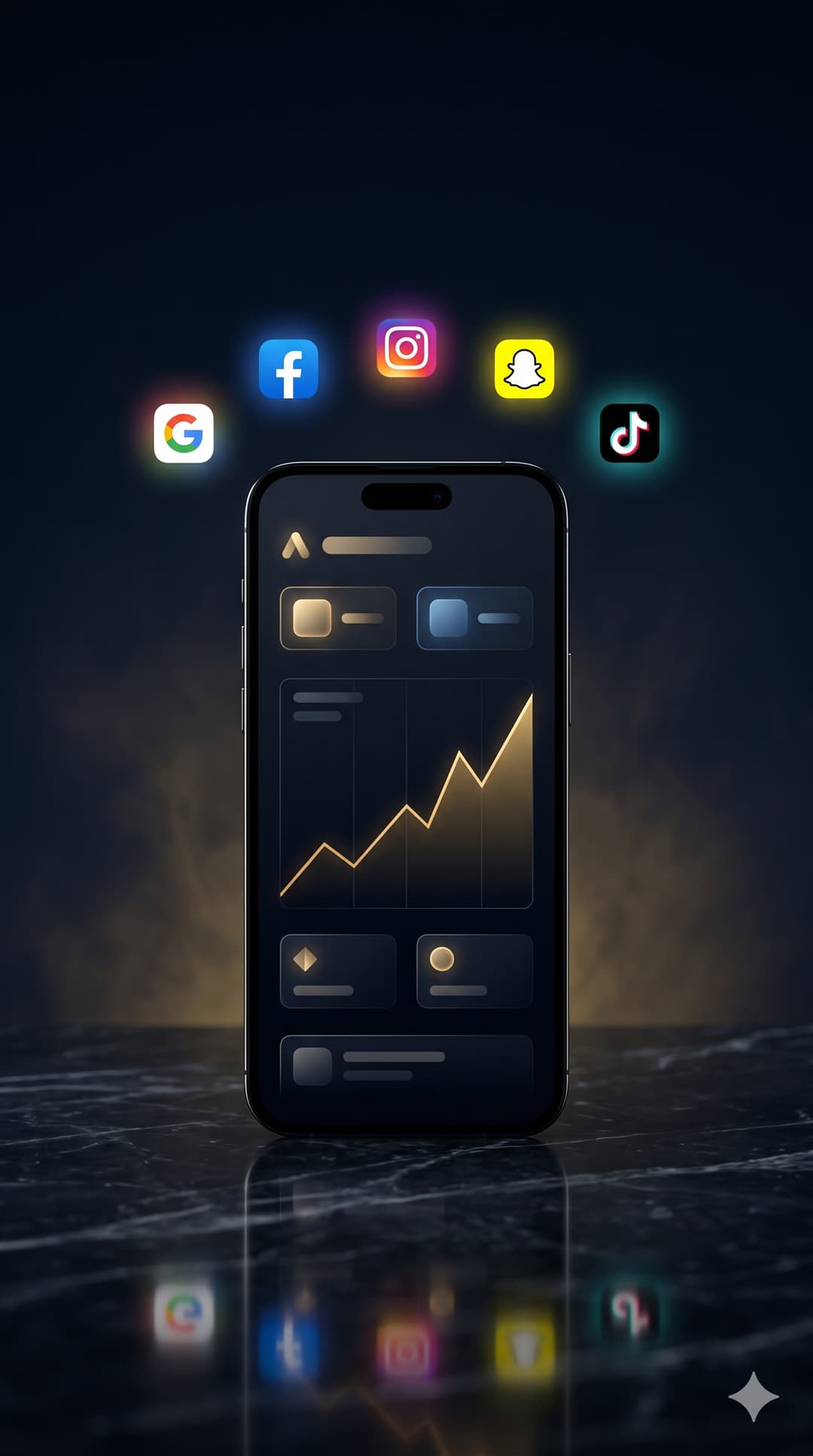 A phone showing ad campaign growth, surrounded by advertising platform logos